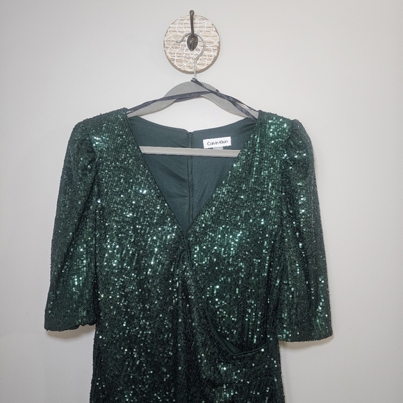 Calvin Klein Green Sequin V-Neck Midi Sheath Dress 3/4 Sleeve Size 14 - Picture 5 of 14
